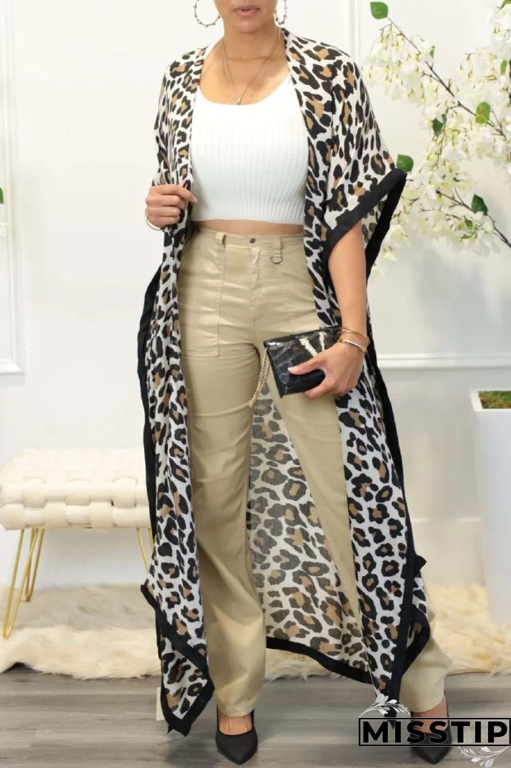 White Casual Print Leopard Patchwork Cardigan Outerwear