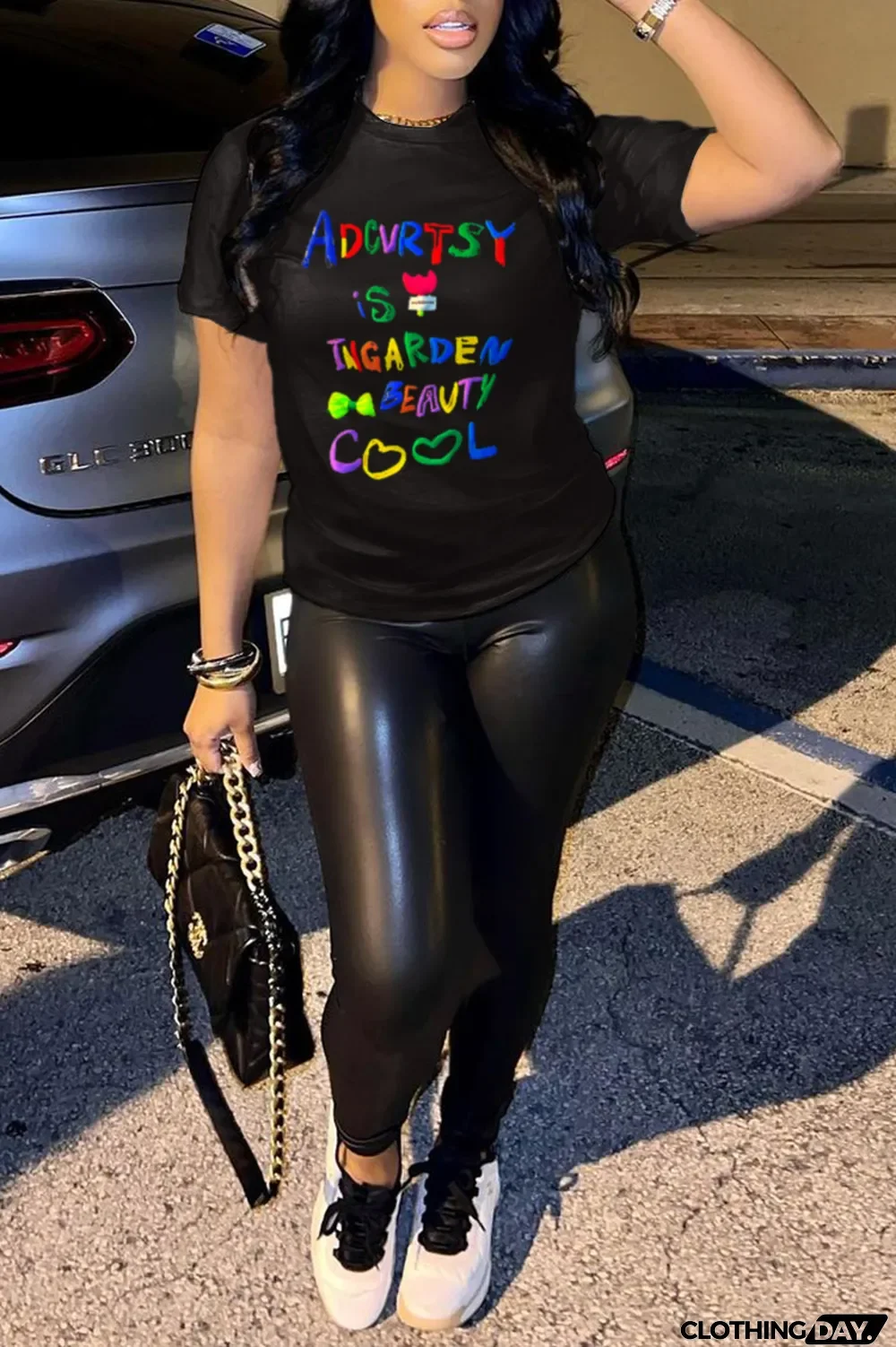 White Fashion Cute Print Patchwork Letter O Neck T-Shirts