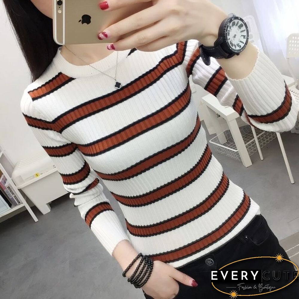 Fall New Neck Striped Sweater Women Korean Fashion Long Sleeve Pullovers Female Slim Fit
