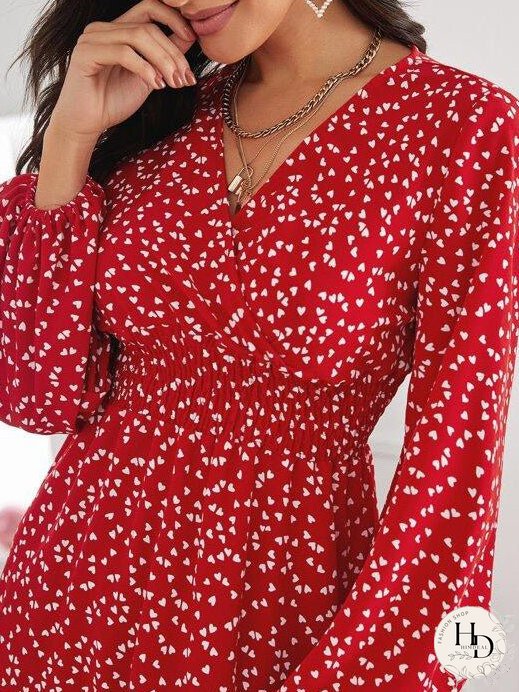 Confetti Heart Print Shirred Waist Dress for Women