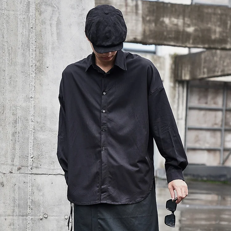 Dawfashion Techwear Streetwear-Original Mid-length Long-sleeved Shirts In Japanese Dark Style Solid Color-Streetfashion-Darkwear-Techwear