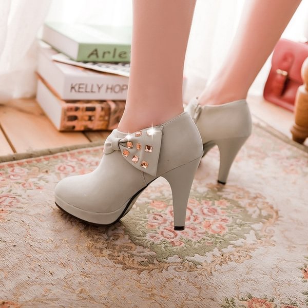 Woman's New Winter Fashion Bow Rhinestone High Heel Ankle Boots - Life is Beautiful for You - SheChoic