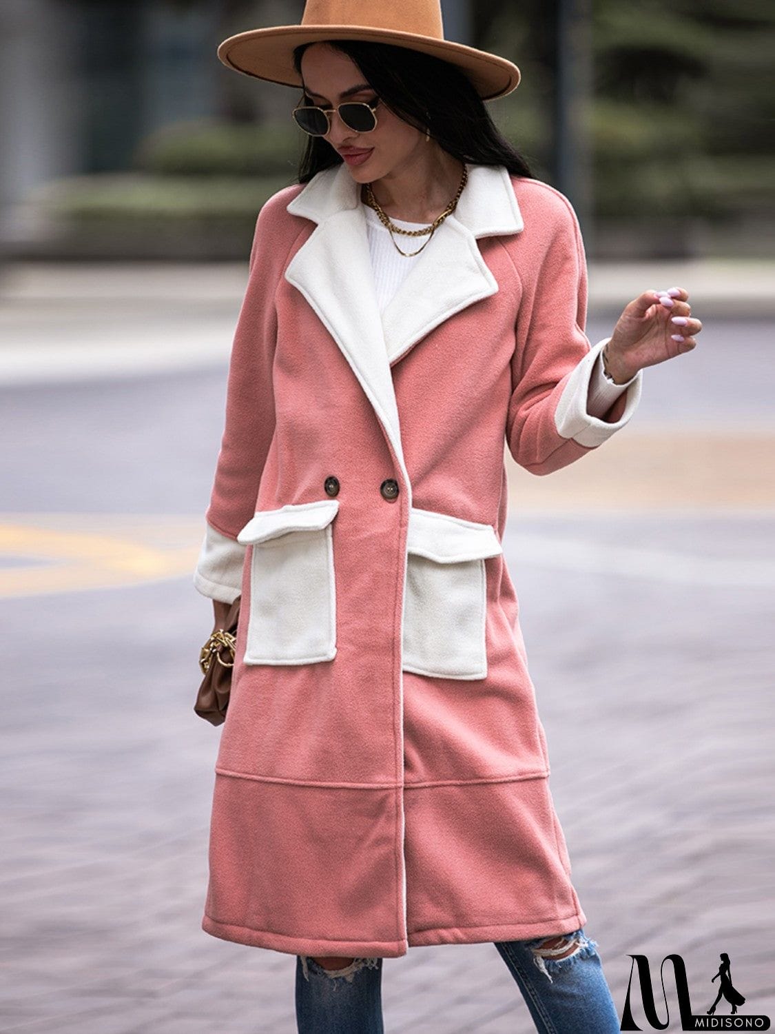MidiSono - Contrast Lapel Collar Coat with Pockets