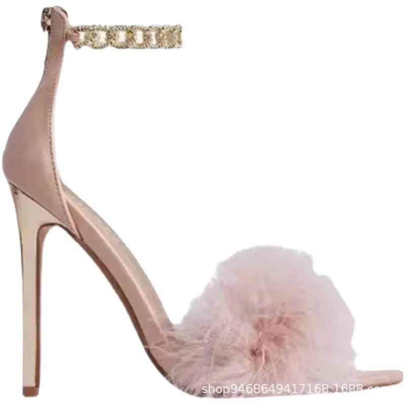 Breakj Breakj New Summer Temperament High Heels Women Metal Chain Decoration With Fine Heel Fashion Fur Sandals