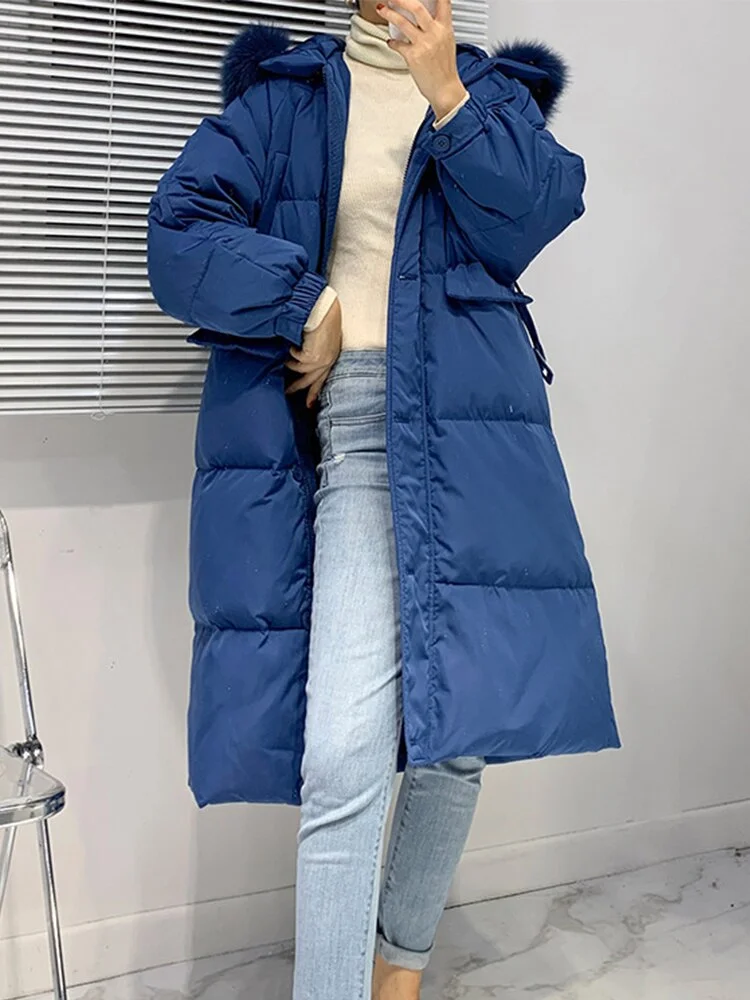 Nncharge Winter Female Large Real Fur Collar Hooded Long Coat White Duck Down Coat Casual Lady Thick Warm Parka Outwear with Belt