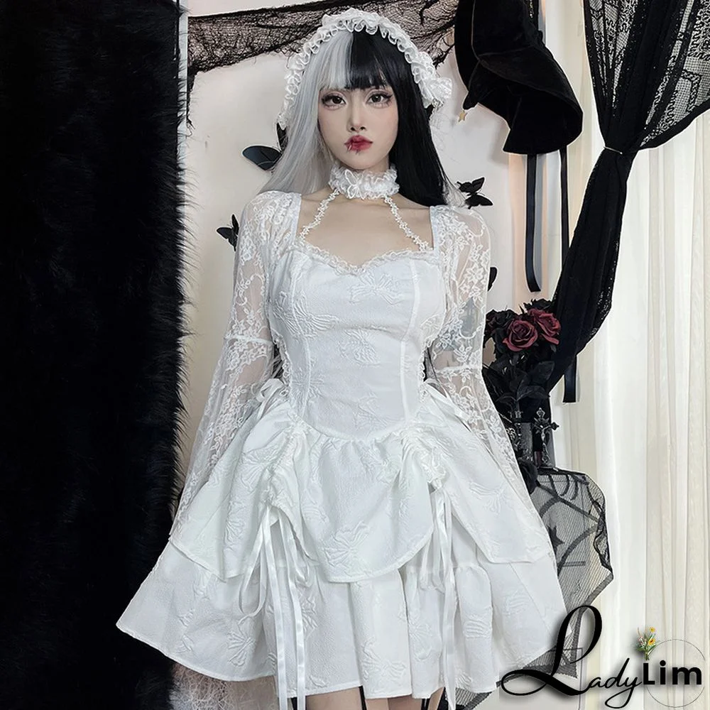 Fall Halter Neck Double Butterfly Lace Long Sleeve A-Line Swing Dress