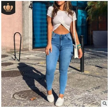 Uveng Uveng And Winter New Zipper Folded Women's Trousers Pocket Fashion Thin White Tower Women's High-Waisted Small-Footed Jeans