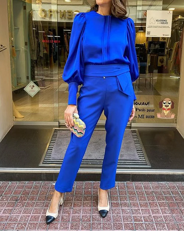 Solid Color Long-sleeved Top & Pants Two-piece Set