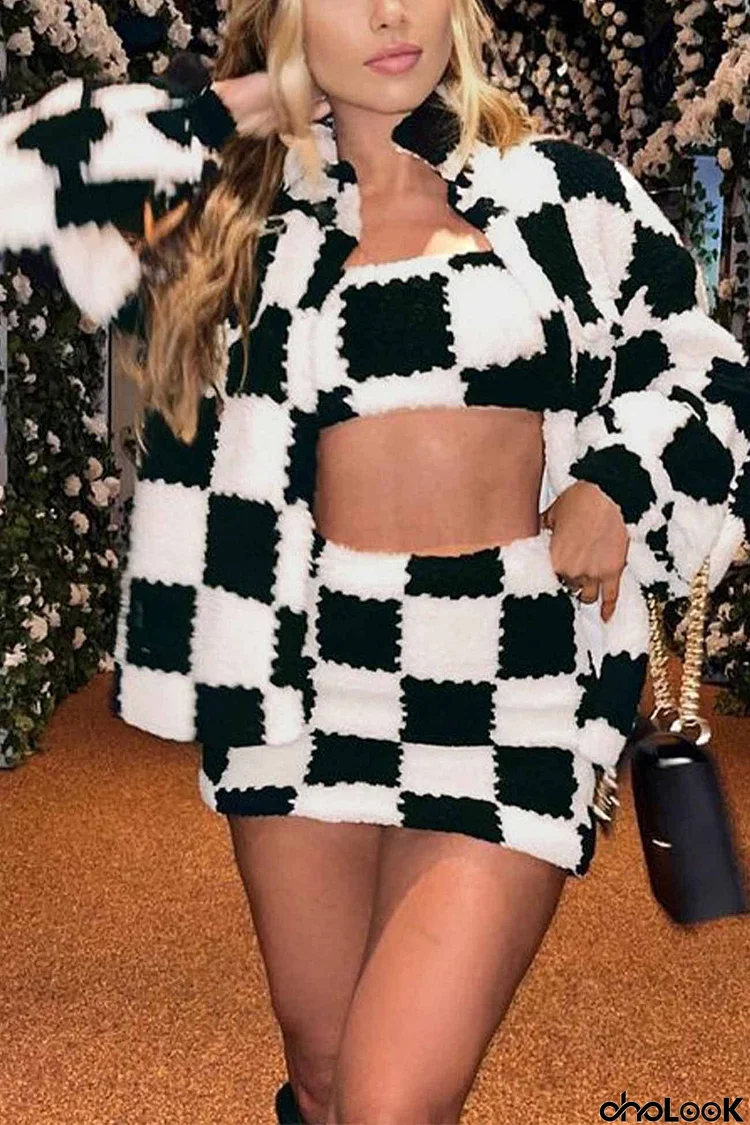 Furry Colorblock Check Long Sleeve Skirt Three Piece Sets