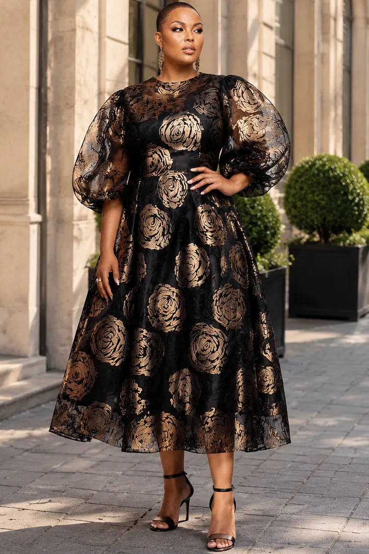 Xpluswear Design Plus Size Churchs Gold Floral Round Neck Puff Sleeve Half Sleeve Organza Midi Dresses [Pre-Order] 2024 - Xpluswear