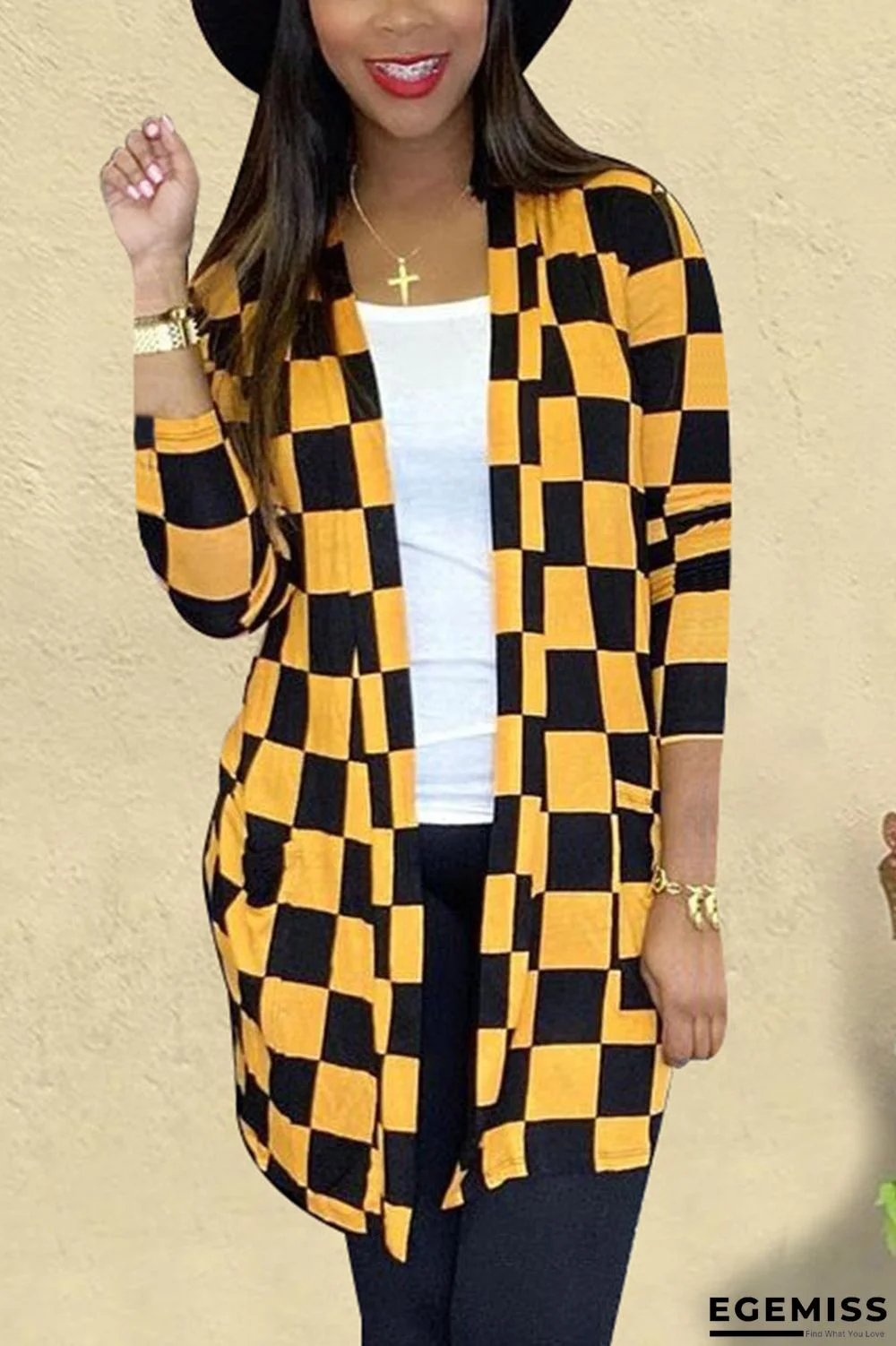 Yellow Casual Plaid Patchwork O Neck Outerwear | EGEMISS