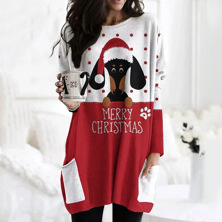 Vefave Christmas Dog Print Crew Neck Pocket Tunic
