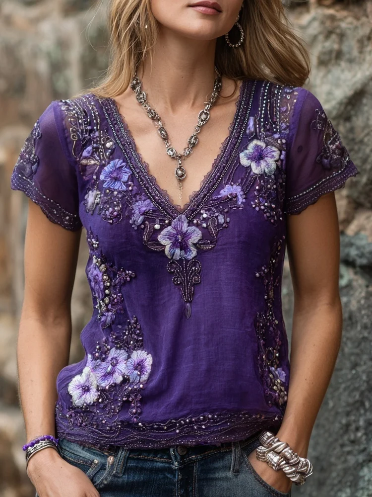 Vintage Purple Flowers Glitter Embroidered V Neck Linen Shirt