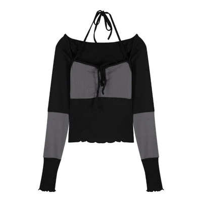 Y2k Halter T-shirt Women's Design Tight-fitting Wooden Ears With Long-sleeved T-shirt, Autumn And Winter Stitching Contrast Tops