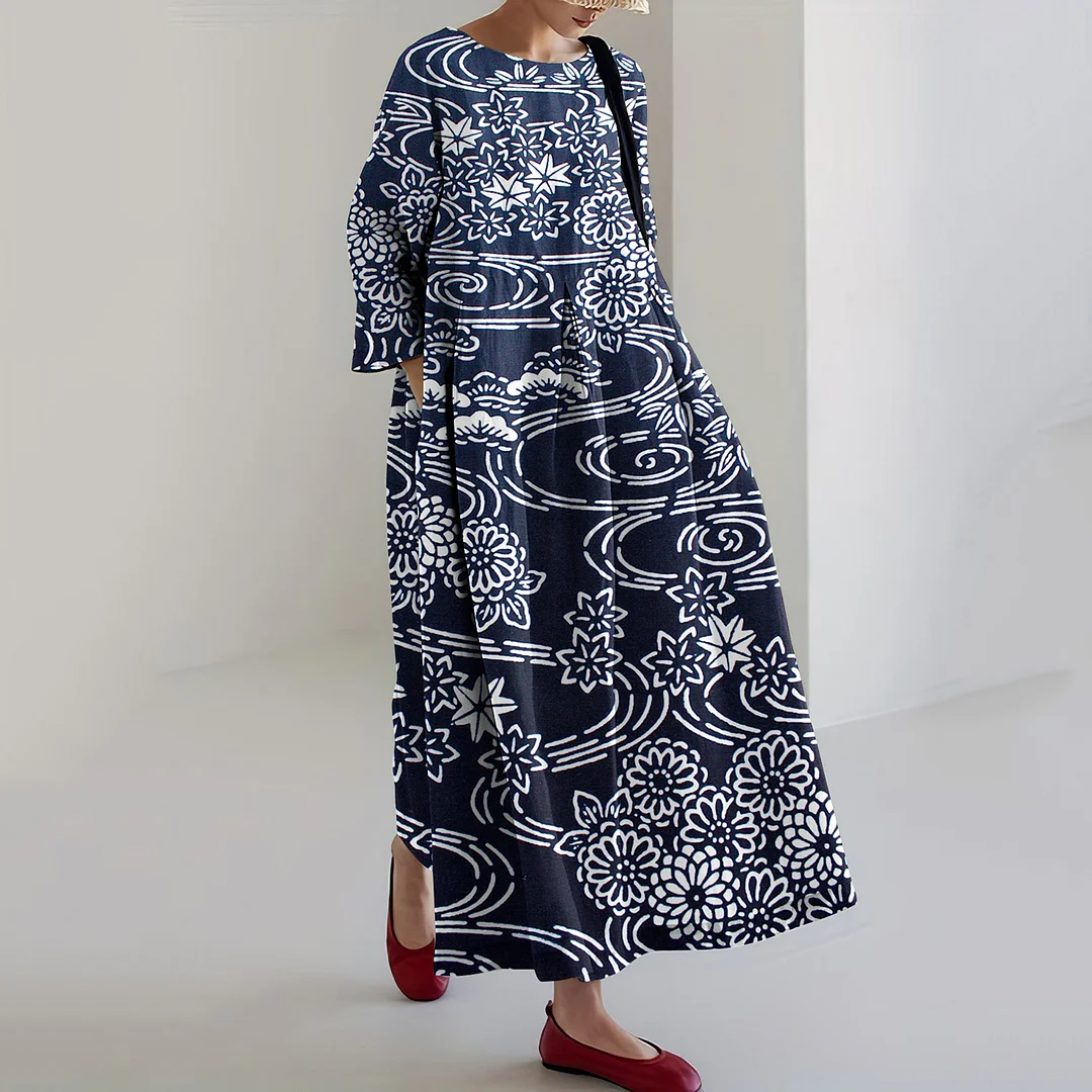 Japanese Art Print Round Neck Loose Midi Dress