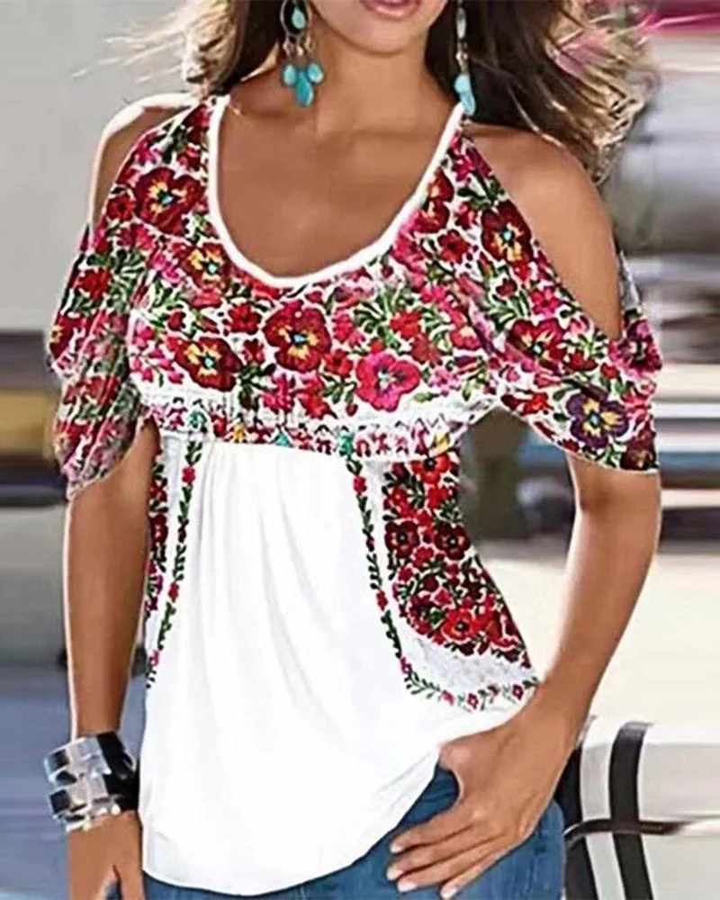 Women's Floral Print Ethnic Style Short Sleeve  T-Shirt-030918