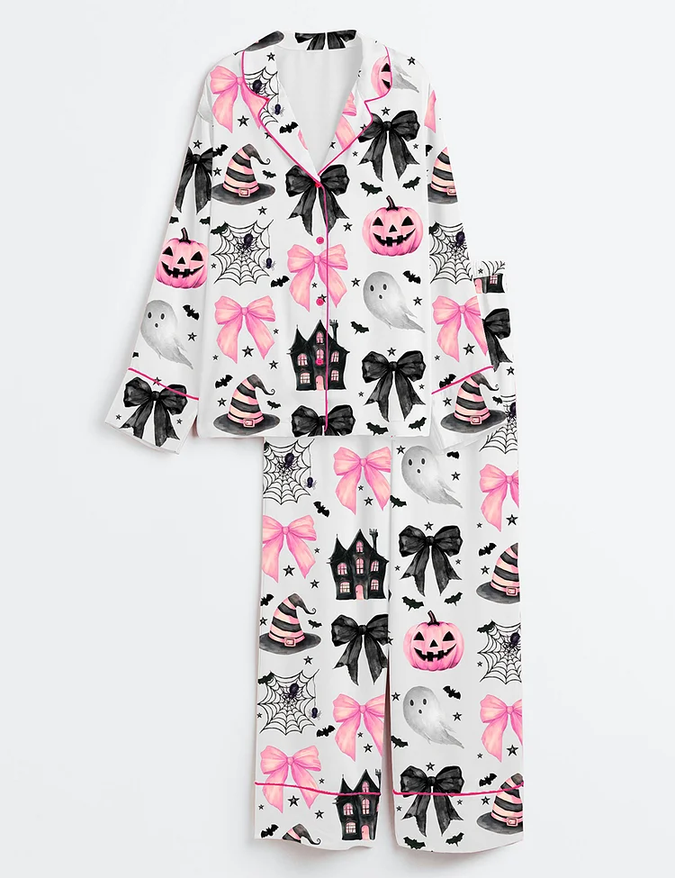 Women&rsquo;s Halloween Pumpkin Pink Bows Spooky Spiders Ghost Haunted House Long Sleeve Satin Pajama Set