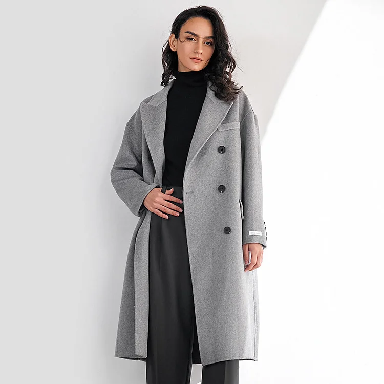 Meridian Light Gray Wool Double-Breasted Oversized Coat QueenFunky