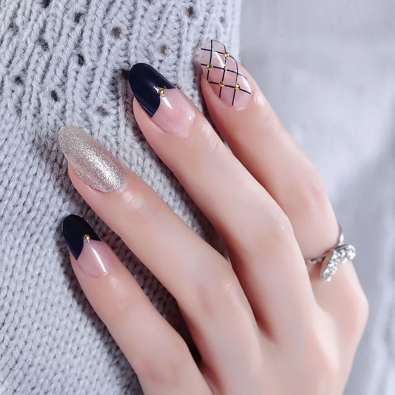 Wedding Beauty Fake Nails DIY Glitter Acrylic Full Cover Nail Art Tips with Glue Girls Shining Rhinestones Fashion False Nail-Nail Inspo