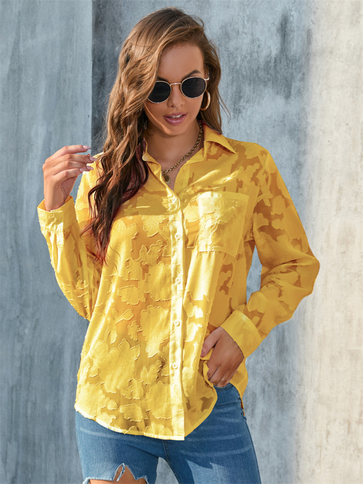 Spring and Autumn Explosion of Large Size Women's POLO Collar Regular Sleeves Loose Casual Chiffon Shirt Long-sleeved Tops