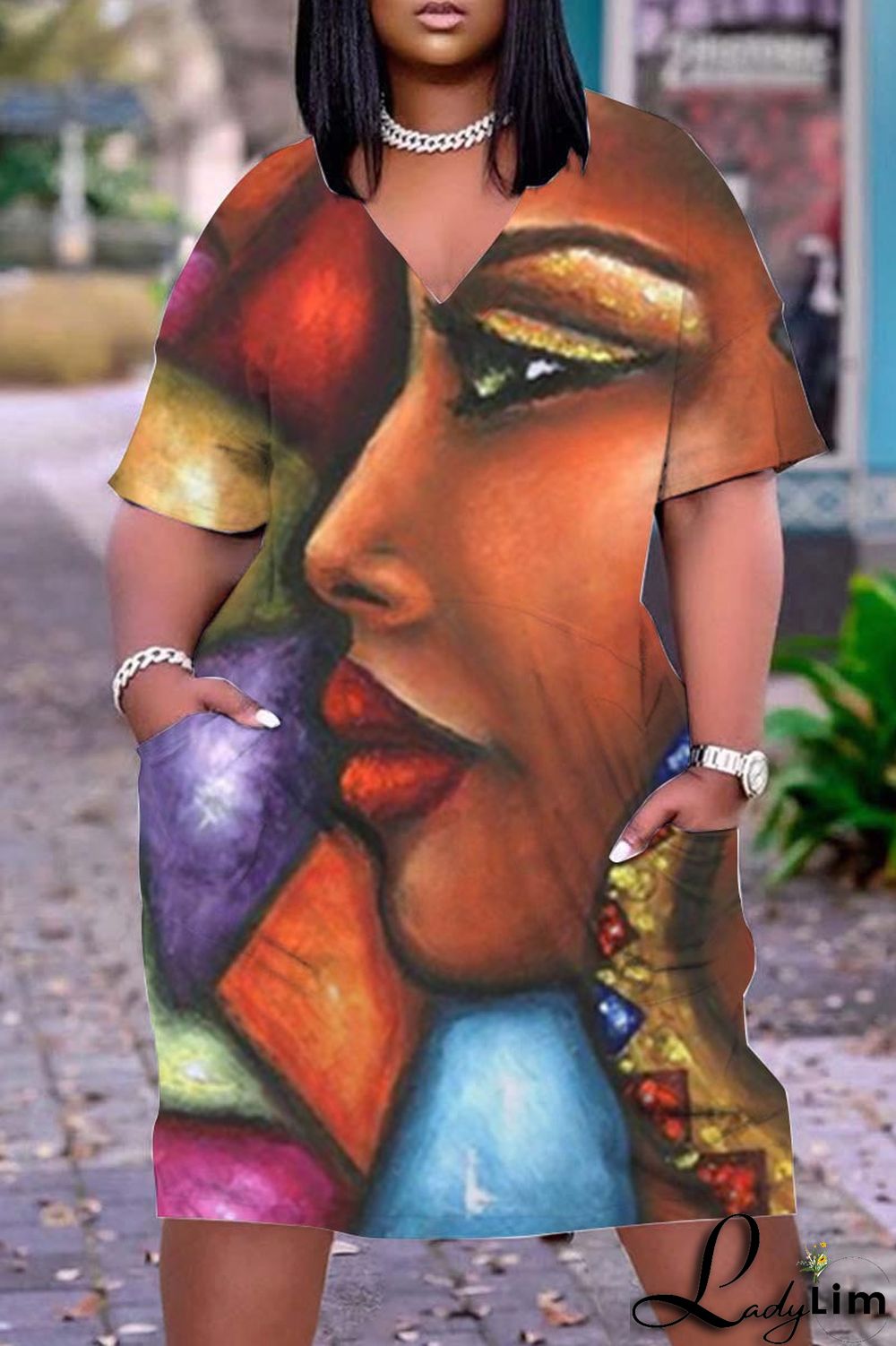 Black Casual Print Patchwork V Neck Straight Dresses