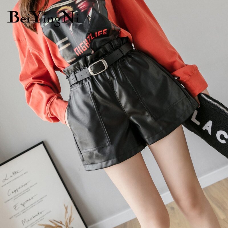 Beiyingni High Waist Shorts Women Vintage Loose PU Leather Shorts Female Pockets Belt Streetwear Fashion Korean Chic Short Pants