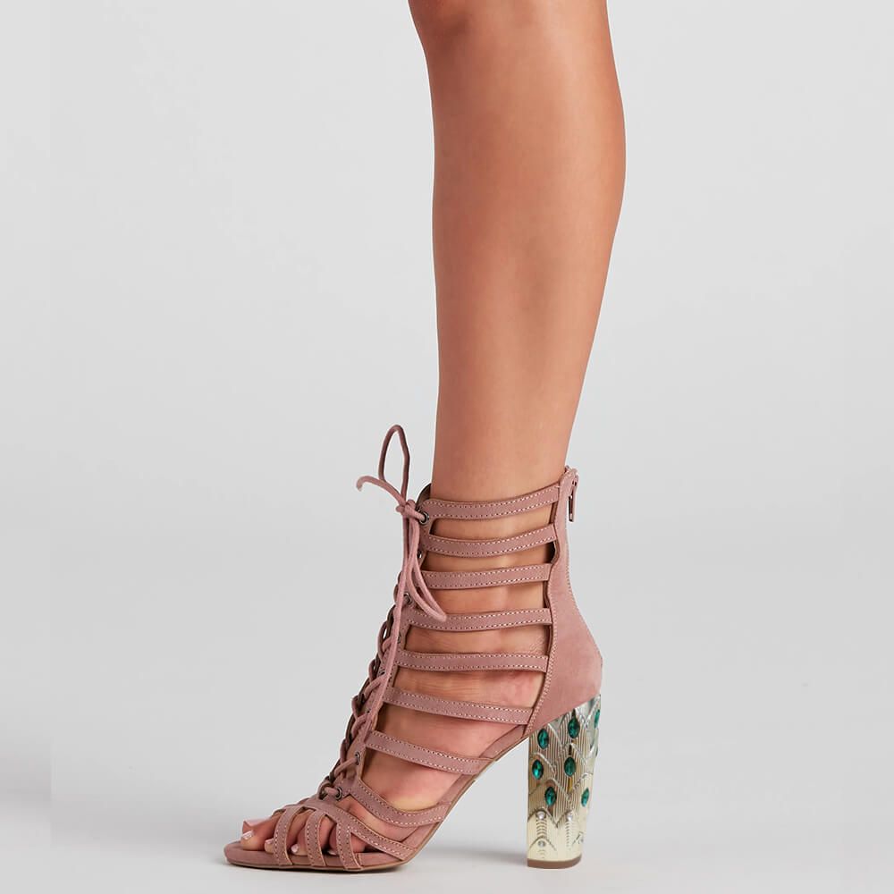 Pink Faux Suede Peep Toe Decorative Heel Caged Lace Up Sandals Nicepairs