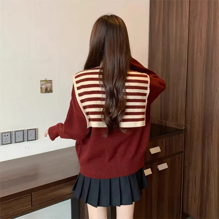 Athvotar Athvotar Two Striped Shawl Knitted Jersey Anola Red Sweater Women's Autumn And Winter Loose Knitted Top