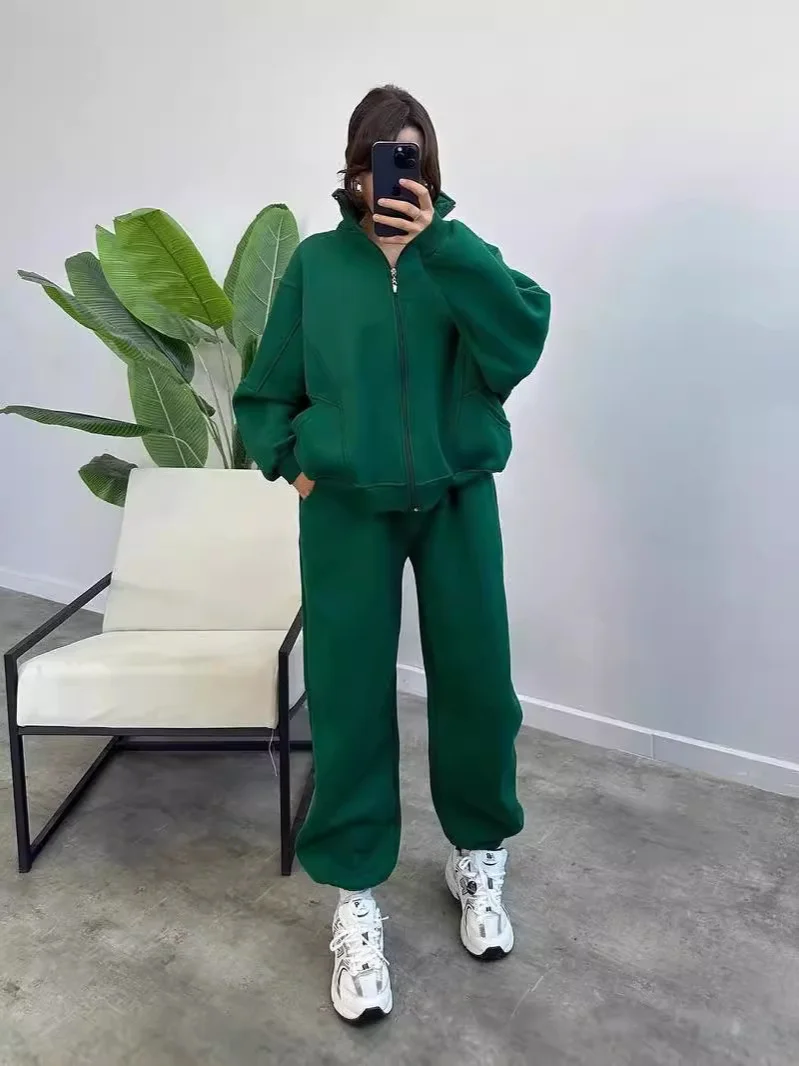 Nigikala Nigikala Women's Plus Velvet Set Fashion Simple Long-Sleeved Sweater Pure Color Sports Suit Women