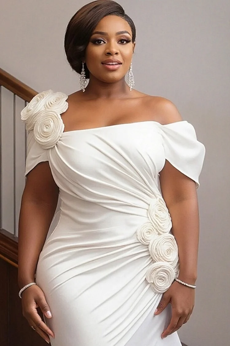 Xpluswear Design Plus Size Wedding White One Shoulder Split Elegant 3D Maxi Dresses [Pre-Order]