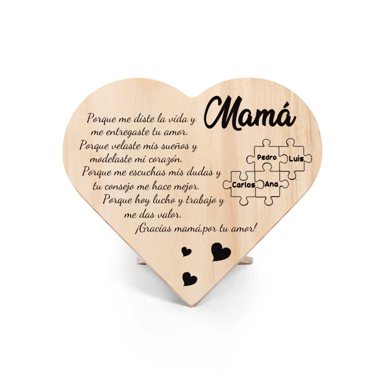 Adorno de madera en forma de corazón para mi mamá personalizado con 4 nombres