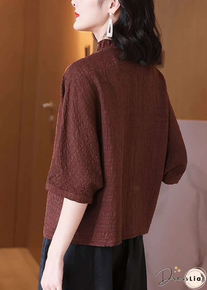 Loose Brown Ruffled Button Silk Blouse Spring