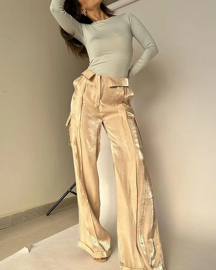 Round Neck Long Sleeve Top Flash Pants Two Piece Suit