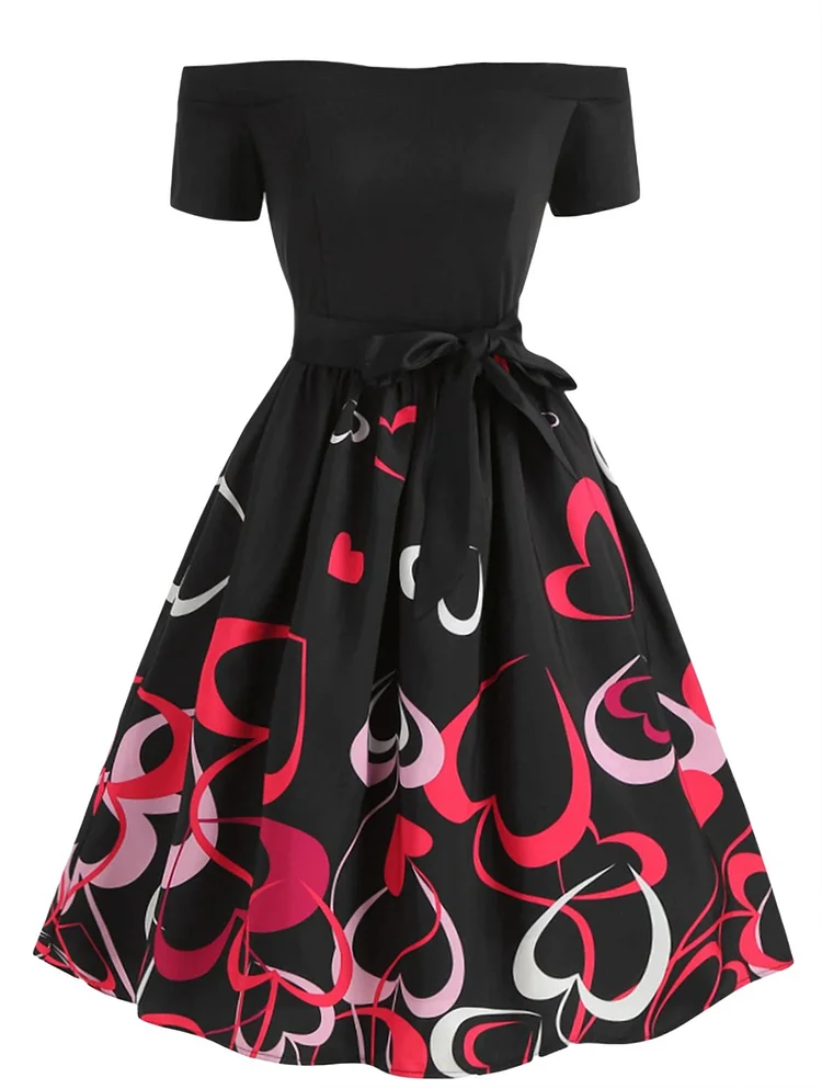 Mayoulove 1950s Off Shoulder Bow Decor Pattern Dress-Mayoulove