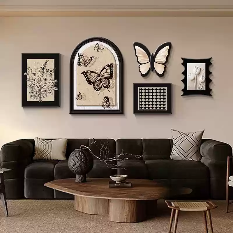 French vintage style decorative painting for the living room, featuring butterflies, elegant high-end sofa background wall art, and retro artistic combination wall paintings（GH26）