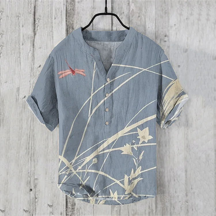 Comstylish Japanese Art Flower Print V-Neck Short Sleeved Linen Blend Shirt