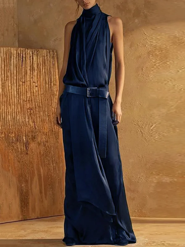 Split-Joint Solid Color Belt Buckle Sleeveless Loose High Neck Maxi Dresses
