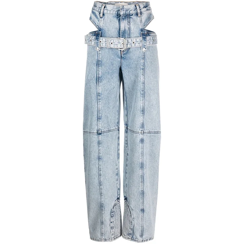 Woherb Woherb Hot Girl Wind 2024 New High Waist Design Sense Hollow Out Waist With Jeans Solid Color Straight Pants Woman-Outfit Ideas