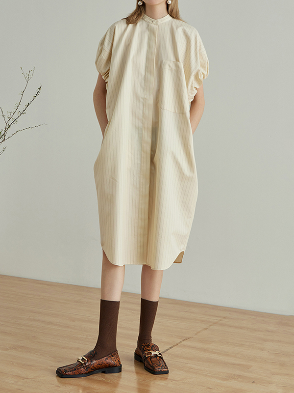 Puff Sleeve Striped Front Largre Pocket Midi Dress