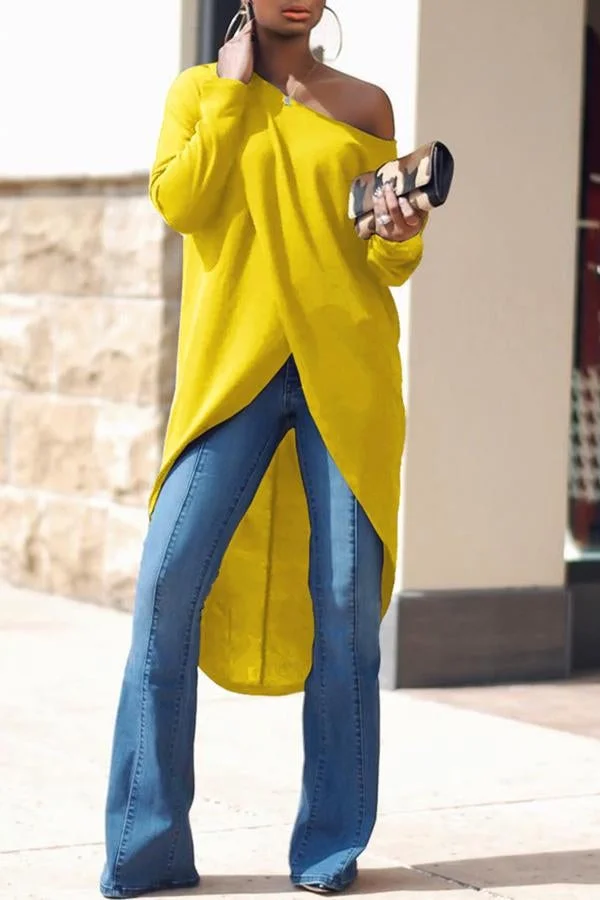 Fashion Solid Color Slit Diagonal Collar Long Sleeved Top
