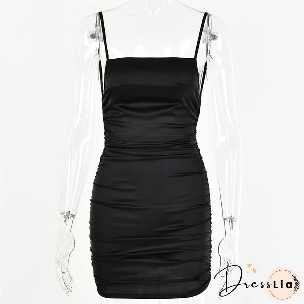 Spaghetti Strap Mini Satin Dress Women Sexy Backless Cross Bandage Bodycon Party Dress Pleated Stretch Short Suit Club Dress