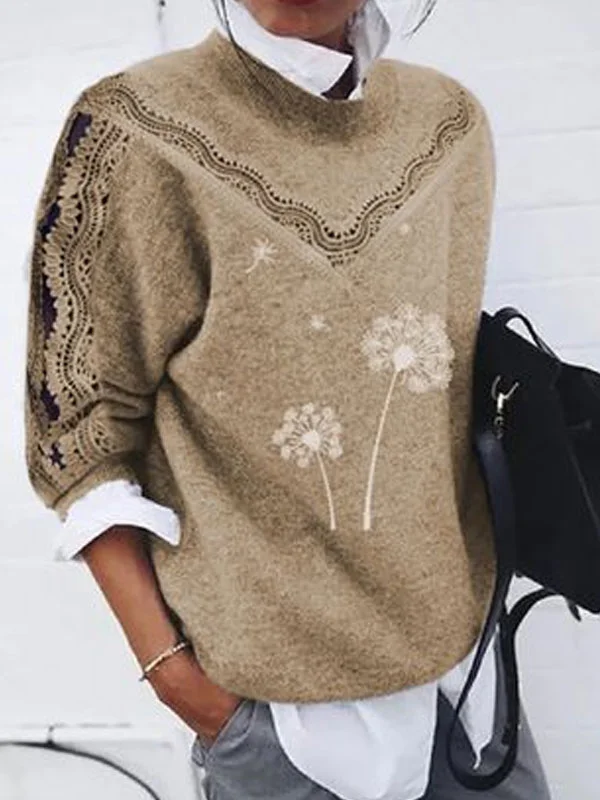 Round Neckline Floral Casual Regular Hollow Out Sweaters