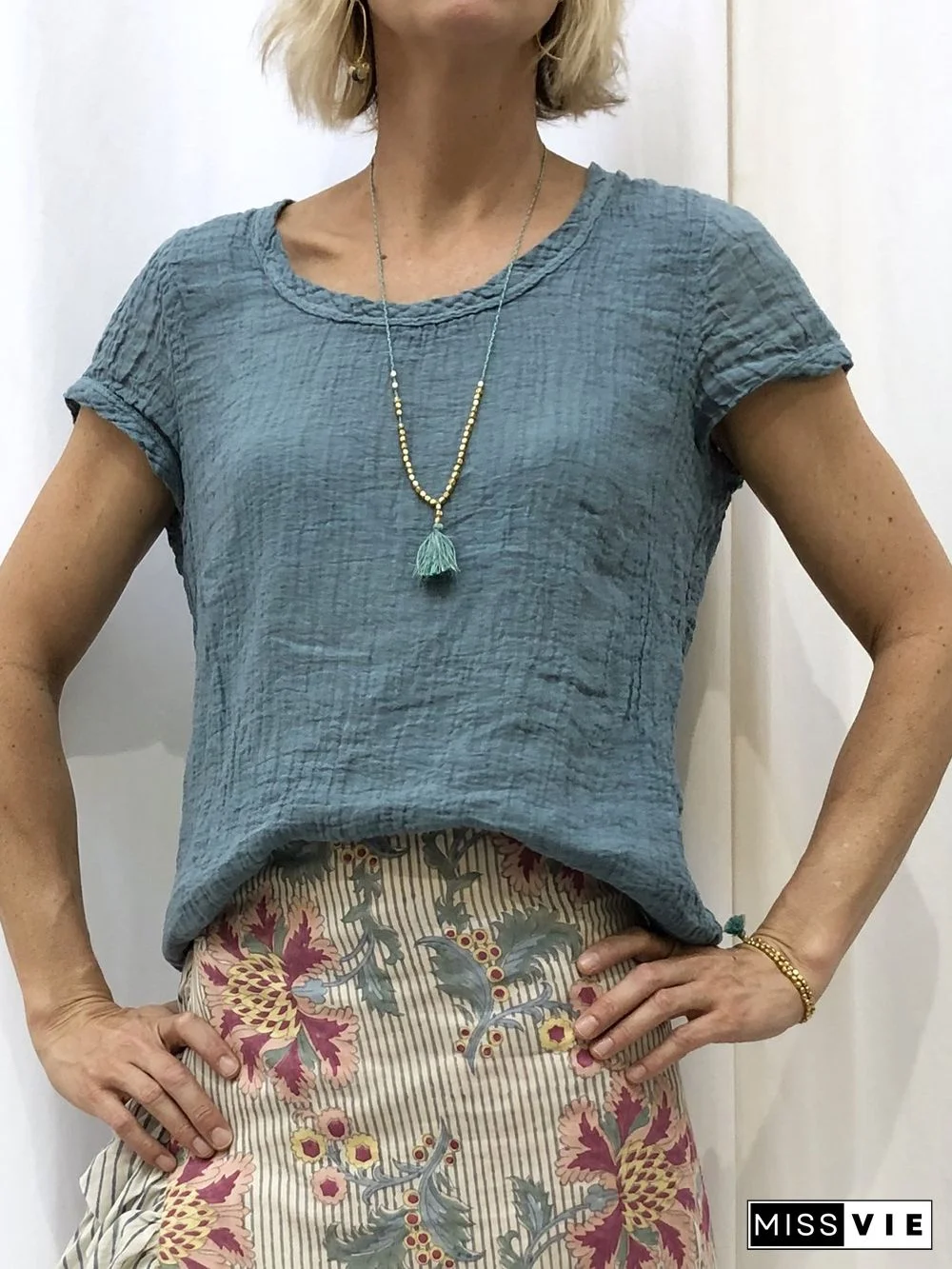 Women Casual Linen Cotton Plain Short Sleeve Blouses