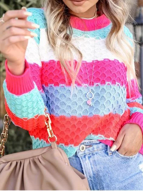 Women's Scoop Neck Knitted Color-Blocking Long Sleeved Sweater Top