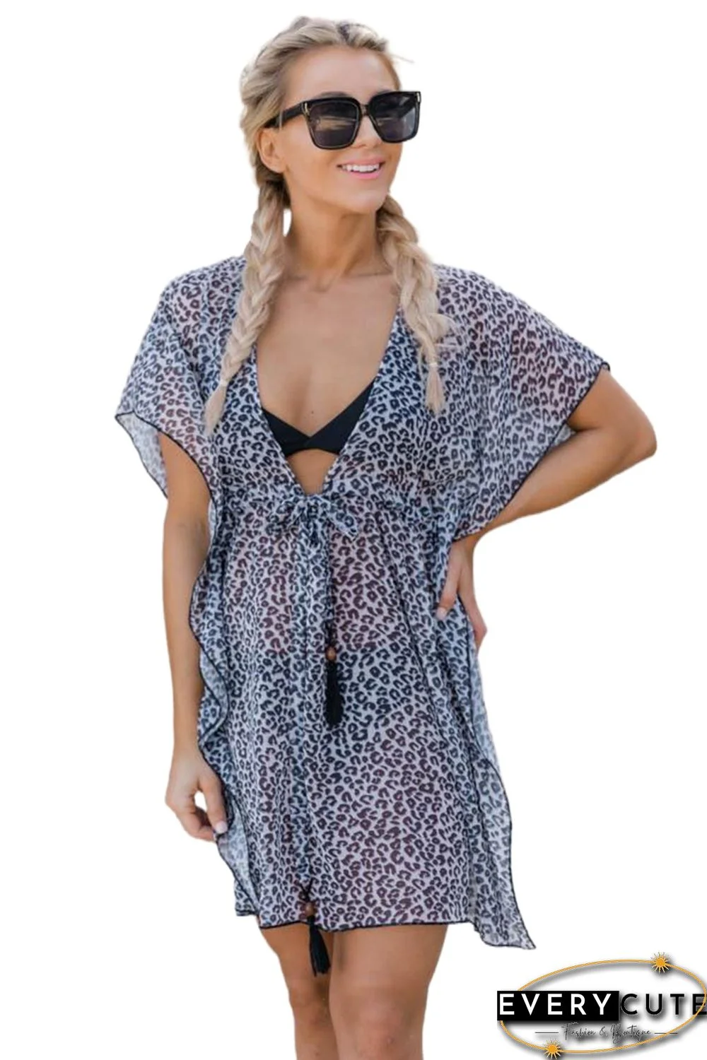 Leopard Print Ruffle Tie Knot V Neck Beach Cover-up