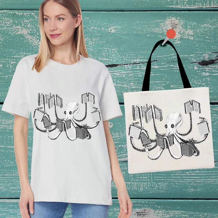 Octopus Reading Books Graphics T-Shirt With Handbag -BSTC1658