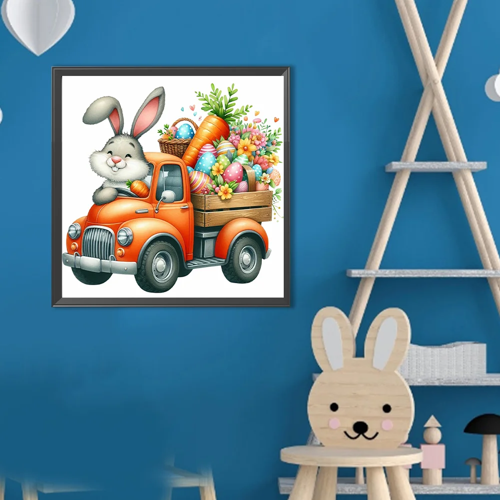 Diamond Painting - Full Round Drill - Easter Bunny Car(Canvas|40*40cm)