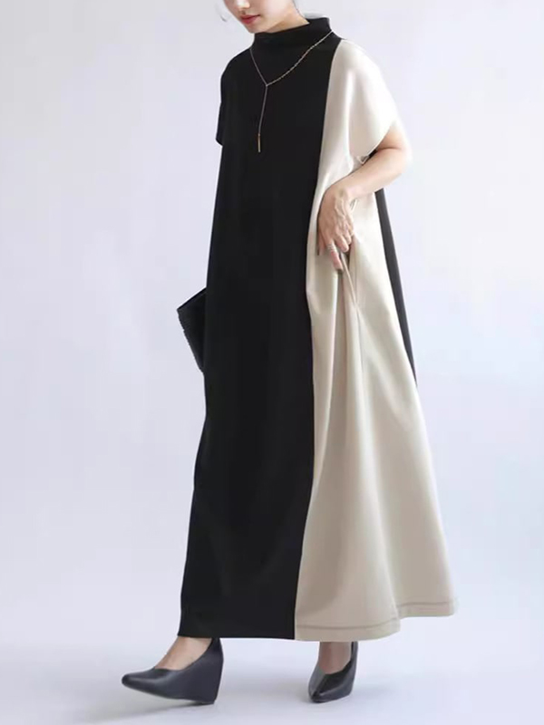 Loose Color Matching Half High Neck Maxi Dress