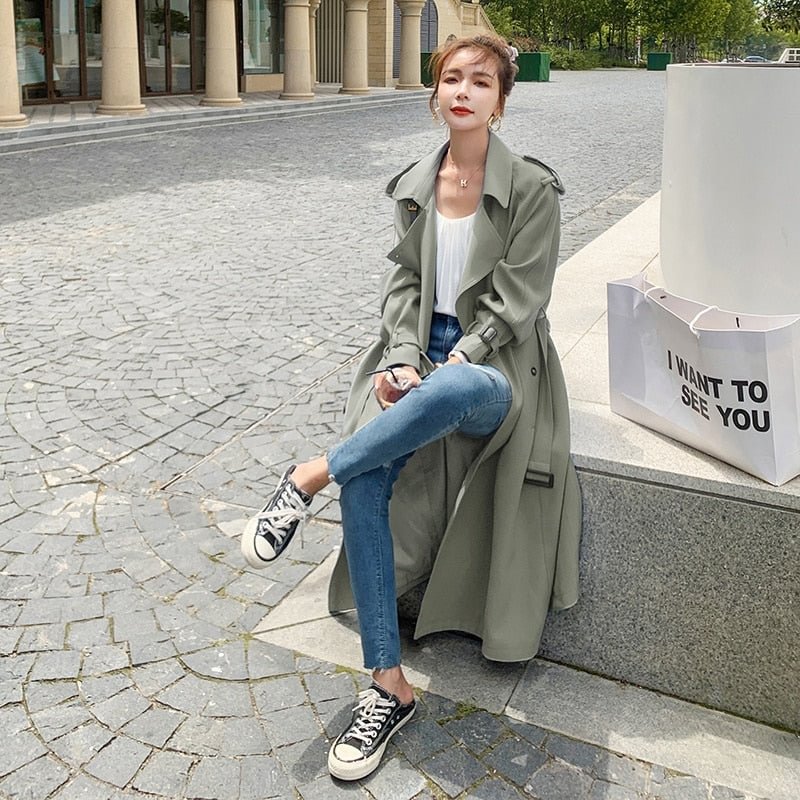 Fashion New Blue Green Purple Long Double-Breasted Women Trench Coat Lady Duster Coat Spring Autumn Outerwear Female Clothes