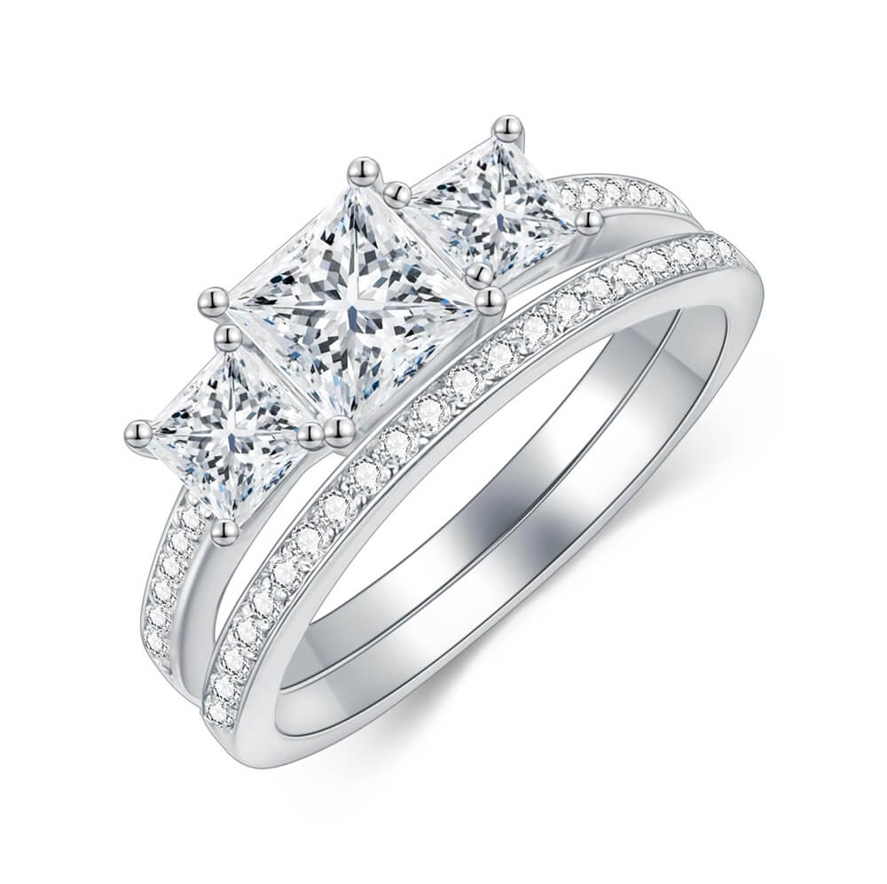 MIKAMU Princess Cut Wedding Ring Set for Women Platinum Plated Silver 3 Stone Moissanite Bridal Ring Set Engagement Ring Set White Gold Anniversary Promise Rings for Her